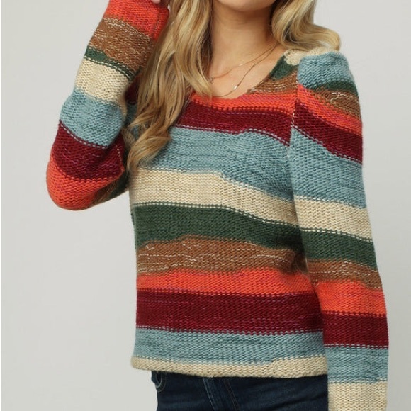 NWT Dear John Brandpull over sweater -stripe multi color sz S & M puffy sleeve - Picture 1 of 9